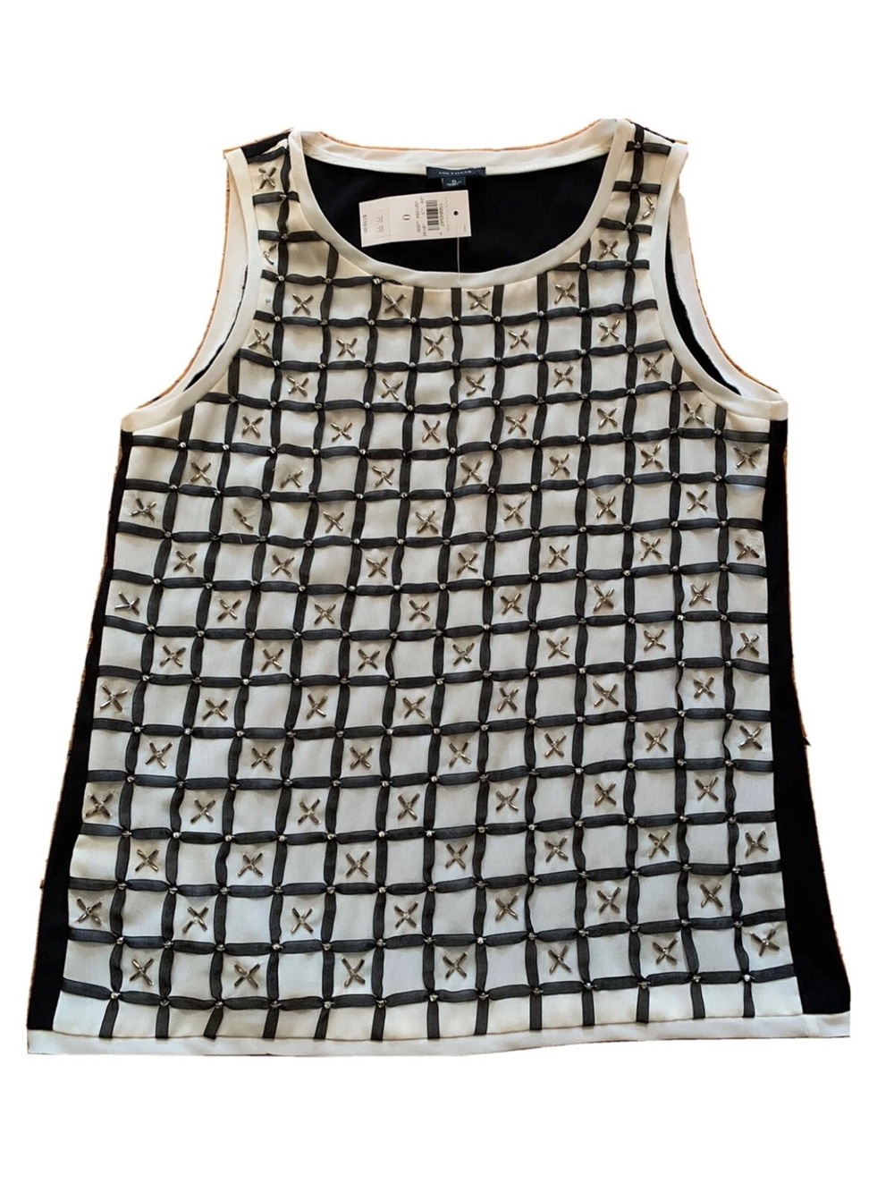 Ann Taylor Black and White Studded Grid Shell Top